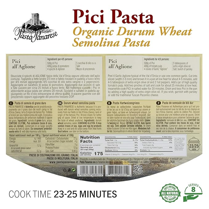 Pasta Panarese Pici Pasta from Italy - Organic Wheat Pasta Made in Italy 500g / 17.63oz (2 pack)