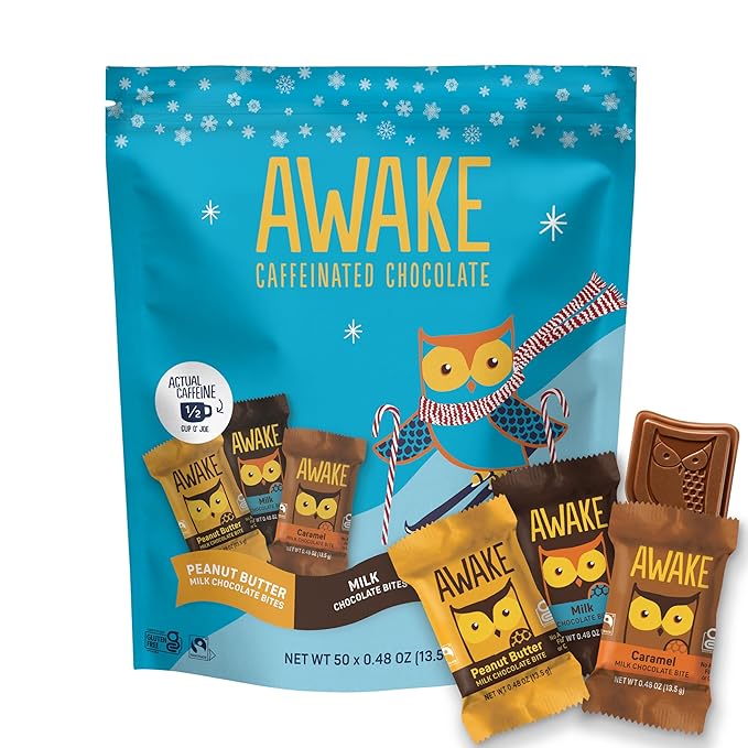 AWAKE - Caffeinated Chocolate Bites - 50mg Caffeine per bite - Winter Wake Up Variety Pack (3 Flavors) 50 Bites - Peanut Butter Milk &amp Caramel - Energy Bites - Coffee Alternative - 0.48oz each