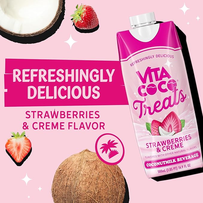 Vita Coco Treats Strawberries &amp Creme Coconut Milk Drink | Sweet Refreshing Treat | Cremey Pink Drink Alternative | 16.9 fl oz (Pack of 12)