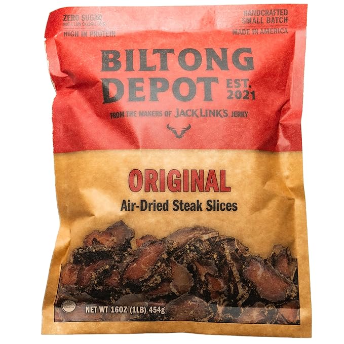 Biltong Depot Lean Original Biltong Slices - 1lb (16oz) | Air-Dried Beef Jerky Snack | High Protein | Paleo &amp Keto Friendly | Zero Sugar | Gluten Free | No Artificial Preservatives | No MSG