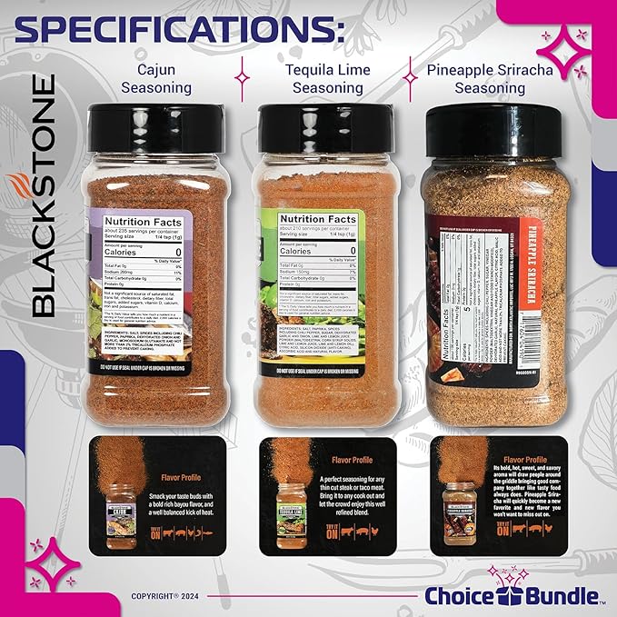 Blackstone Cajun Pineapple Sriracha Tequila Lime Seasoning - Gourmet Griddle Premium BBQ Barbecue Rub 3 Pk Choice Bundle (22.6 oz) + BBQ Guide &amp Bottle Opener (5 Items)!