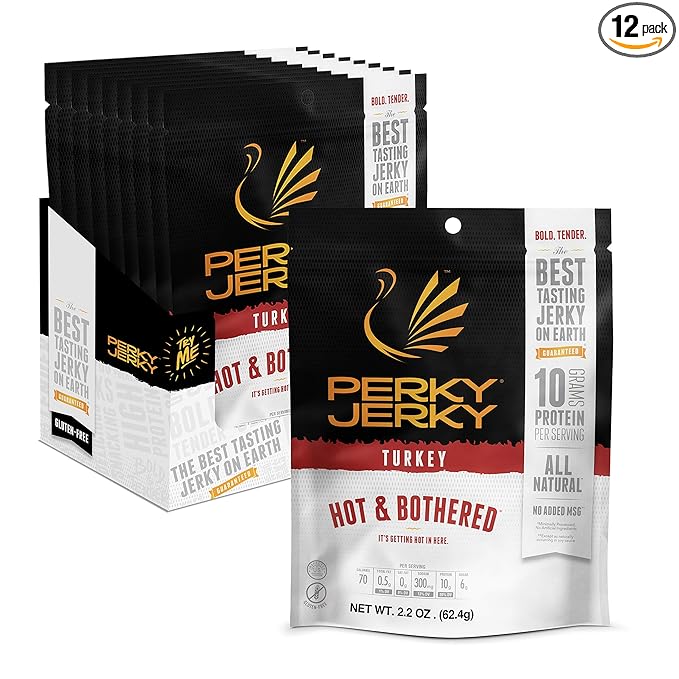 Perky Jerky Hot and Bothered Turkey Jerky 2.2oz (Pack of 12) - Low Sodium - 10g Protein per Serving - Low Fat - 100% U.S. Sourced - Tender Texture