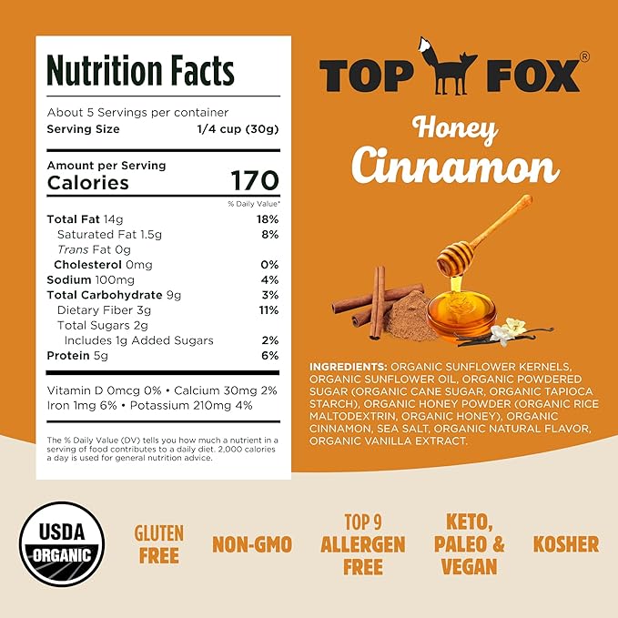 Top Fox Snacks Honey Cinnamon Sunflower Seeds To Eat (5.5 oz Pack of 6) – Keto Friendly Snacks Allergen Free Snacks Gluten Free Snacks Protein Snacks Keto Snacks Paleo &amp Vegan - Organic