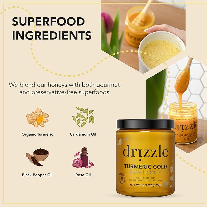 Drizzle Turmeric Gold Raw Honey - All Natural Pure Raw Honey with Organic Turmeric Unfiltered Use in Tea Golden Milk &amp Coffee Sugar Substitute Certified Kosher - 13.2 oz Jar (375 g)