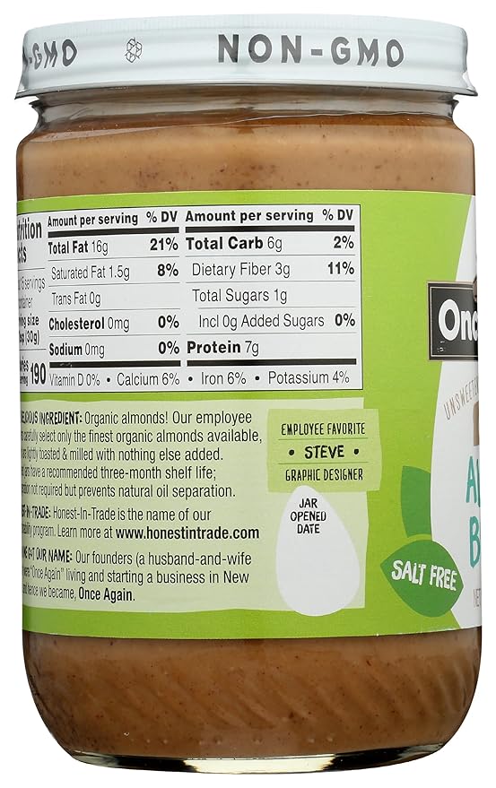 Once Again Creamy Organic Almond Butter No Sugar Lightly Toasted - Single Ingredient Nut Butter No Palm Oil No Salt - Glass Jar Non-GMO Gluten Free Vegan 16 oz Glass Jar