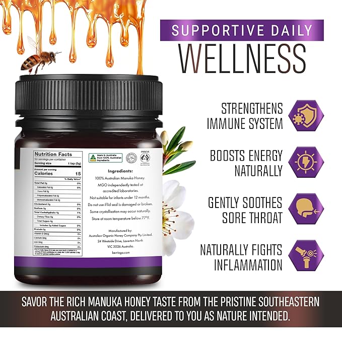 Berringa Manuka Honey Organic MGO 900+ Ultra-High Strength Supports General Wellbeing &amp Digestive Balance - 100% Raw Pure &amp Unfiltered Sustainably Sourced from Australia - (8.82 oz)