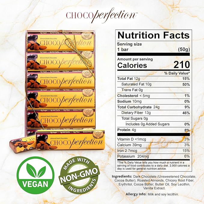 ChocoPerfection Dark Almond Sugar Free Chocolate Gift Box of 12 50g Bars