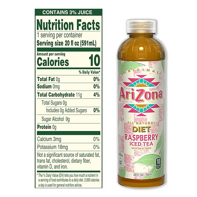AriZona Diet Raspberry Tea 20 Fl Oz Pack of 24 - All Natural Brewed Tea