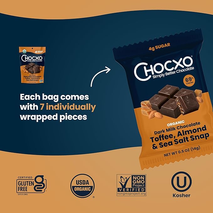 Chocxo Dark Milk Chocolate Toffee Almond &amp Sea Salt Snaps - Low in Real Sugar Organic Non-GMO Gluten Free &amp Kosher No Artificial Sweeteners or Sugar Alcohols 3.45 oz (Pack of 4)