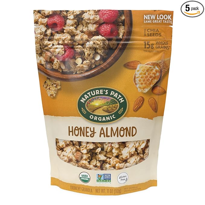 Nature's Path Organic Gluten Free Honey Almond Granola 11 Ounce (Pack of 5) Non-GMO 15g Whole Grains with Omega-3 Rich Chia Seeds