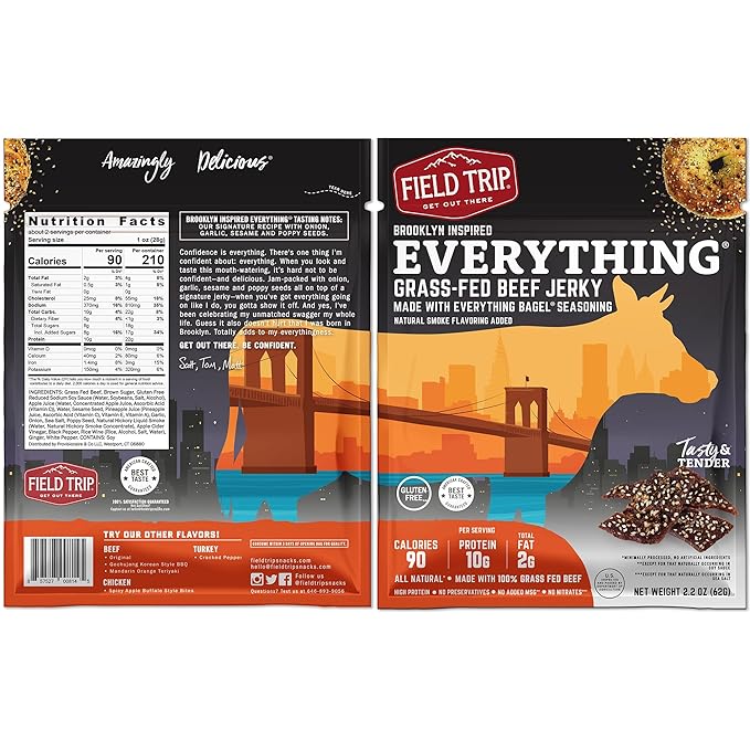 Field Trip Grass Fed Beef Jerky Healthy Gluten Free Snacks All Natural Paleo-Friendly Beef Jerky High Protein Low Carb Snack with No Nitrates 2.2oz Bag 4 Pack Everything Bagel