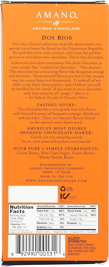 AMANO ARTISAN CHOCOLATE Dos Rios Dark Chocolate Bar 70% 3 OZ