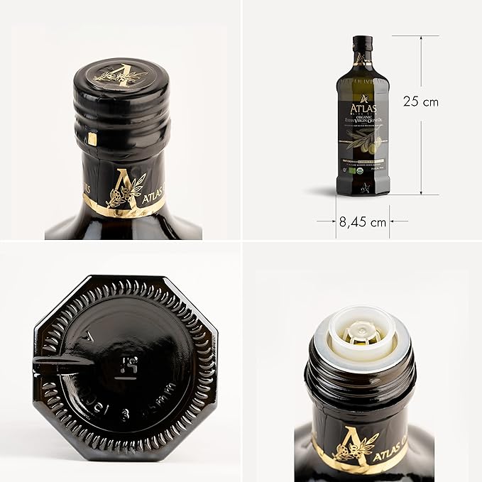 Atlas 750 mL Organic Cold Press Extra Virgin Olive Oil in Glass Bottle Polyphenol Rich from Morocco | Newly Harvested Unprocessed from One Single Family Farm | Moroccan EVOO Trusted by Award-Winning