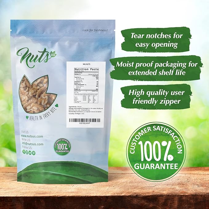 NUTS U.S. – California Raw Walnuts (No Shell) – Fresh Chandler Variety with a Mild Buttery Crunch – A Delicious Source of Protein Fiber &amp Omega-3 – Non-GMO Vegan &amp Gluten-Free – Resealable