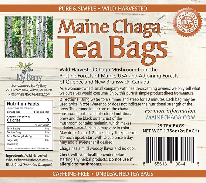 Maine Chaga Tea Bags by My Berry | 100% Canadian Wild-Harvested | 100% Additive-Free Caffeine-Free Herbal Tea | 25 Bleach-Free Bags