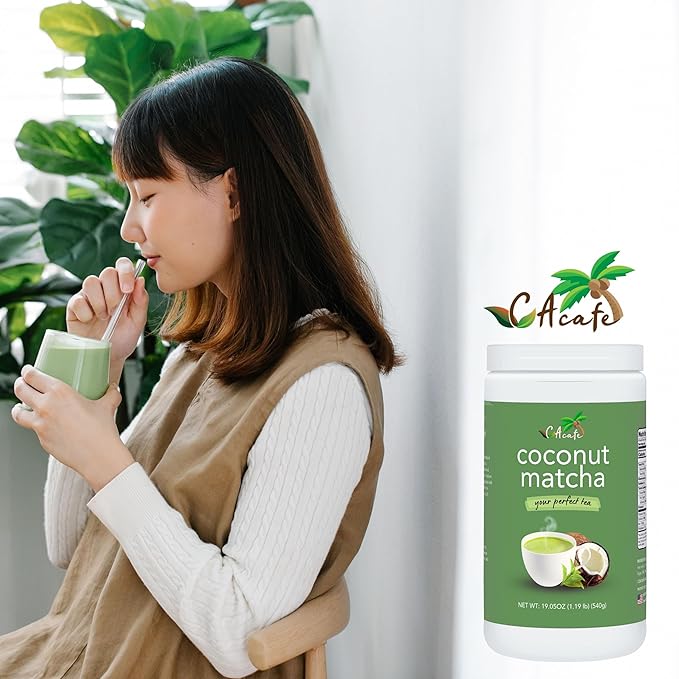 CAcafe Coconut Matcha - Instant Japanese Health Drink - Creamy &amp Sweet - Hot or Iced Green Tea Latte Mix - New Look Reduced Sugar - Non-GMO - No Artificial Flavors or Colors | 6-Pack
