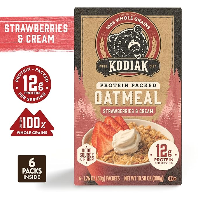 Kodiak Instant Oatmeal Packets Strawberries &amp Cream High Protein 100% Whole Grains 6 boxes with 6 packets each (36 packets total)