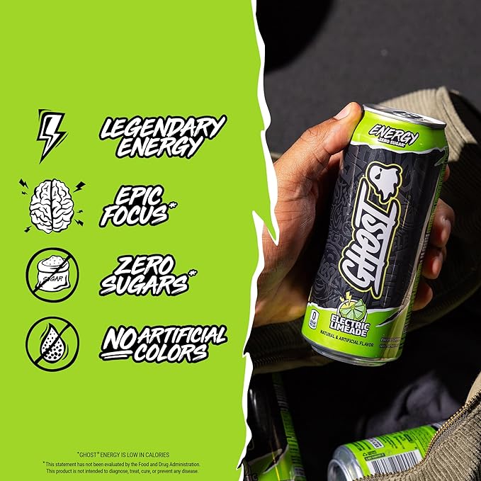 GHOST Energy Drink - 12-Pack Electric Limeade 16oz Cans - Energy &amp Focus &amp No Artificial Colors - 200mg of Natural Caffeine L-Carnitine &amp Taurine - Gluten-Free &amp Vegan