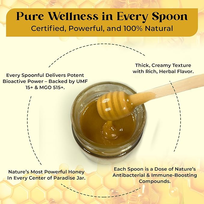 Center of Paradise Raw Manuka Honey Certified UMF 15+ | MGO 515+ (250g / 8.8oz) Glass Jar - Pure &amp Natural New Zealand Honey for Daily Immune Support and Wellness - Non GMO &amp Unpasteurized