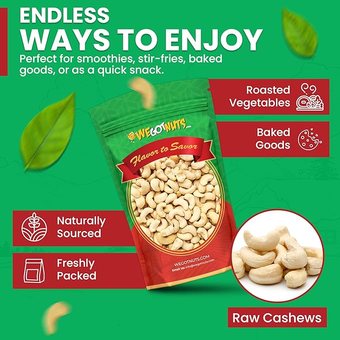 Raw Whole Unsalted Cashews – 5 lbs.- Premium Quality Kosher Raw Cashews By We Got Nuts – Oil-Free Natural Healthy &amp Diet-Friendly Snack – Gourmet Savory Flavor – Air-Tight Resealable Bag Package