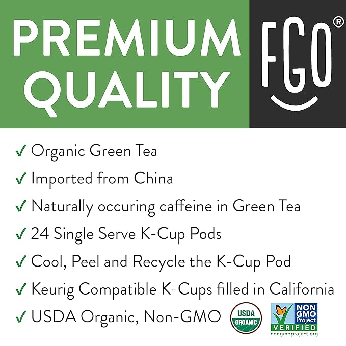 FGO Organic Green Tea K-Cup Pods for Keurig 24 Count (Pack of 1) Premium Green Tea is USDA Organic Non-GMO &amp Recyclable with Naturally Occurring Caffeine