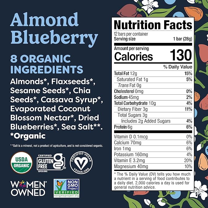 Tosi Nut Bars Almond Blueberry Healthy Snacks for Adults &amp Kids Plant Based Crunchy Bars (6G Protein) Organic Keto Snacks Vegan Gluten &amp Soy Free Low Sugar Omega 3s 1oz 12-Pack