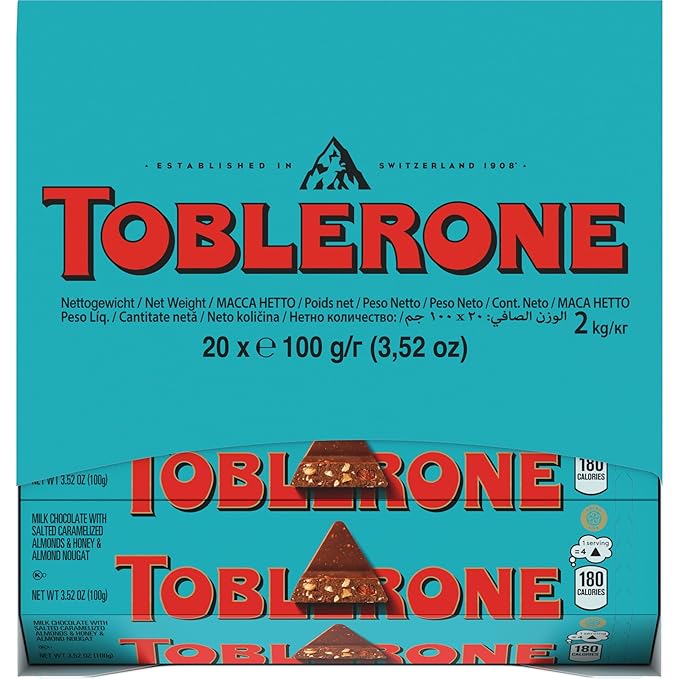 TOBLERONE Milk Chocolate Bar with Salted Caramelized Almonds and Honey and Almond Nougat Bulk Chocolate 20 - 3.52 oz Bars