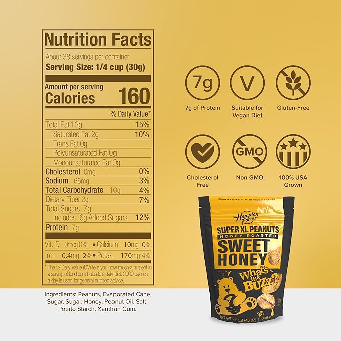 Hampton Farms - Super Extra-Large Sweet Honey Roasted Peanuts – 40 oz Resealable Bag – 2-Pack - Crunchy Glazed Snack for Charcuterie Boards Lunches &amp Sweet-Salty Cravings