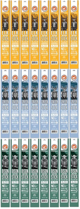 PEARSON RANCH Exotic Meat Stick - Elk Venison &amp Bison Wild Game Jerky Sticks Pack of 24 8 of Each Protein