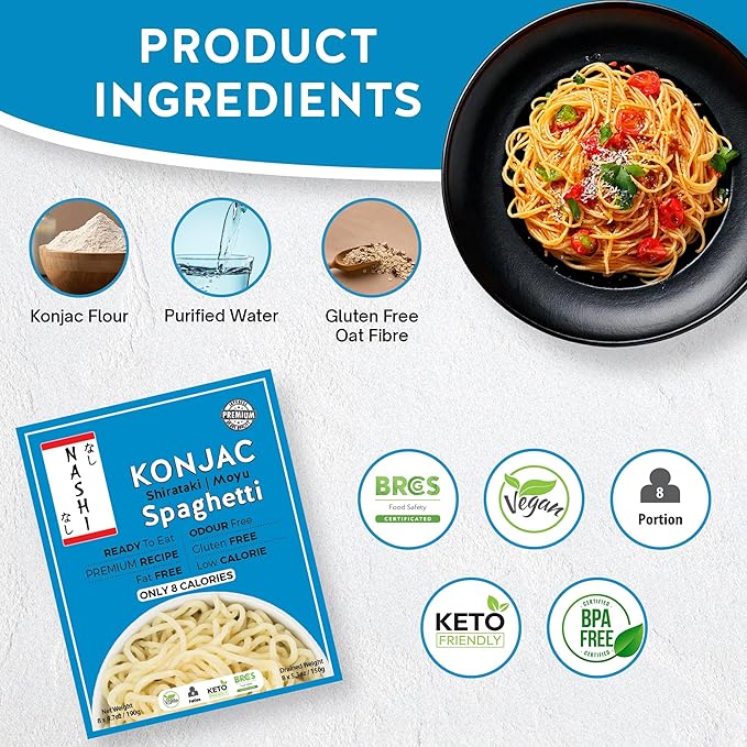 Nashi Shirataki Konjac Spaghetti (8x190g) – Glucomannan Premium Recipe Keto-Friendly | Low-Calorie Zero-Carb Vegan &amp Gluten-Free Odour-Free High Fiber | Ready-to-Eat Food