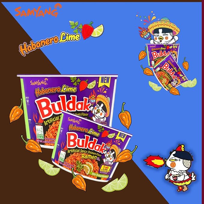 Samyang Buldak Noodles Hot Chicken Flavour Ramen Habanero Lime Big Bowl Cup 110g Instant Korean Food Snacks (Pack of 6)