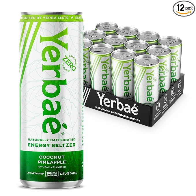 Yerbae Energy Seltzer - Pineapple Coconut 0 Sugar 0 Calories 0 Carbs Energized by Yerba Mate &amp Plant-Based Healthy Alternative to Coffee and Sugary Sodas 12oz cans (12 Pack)