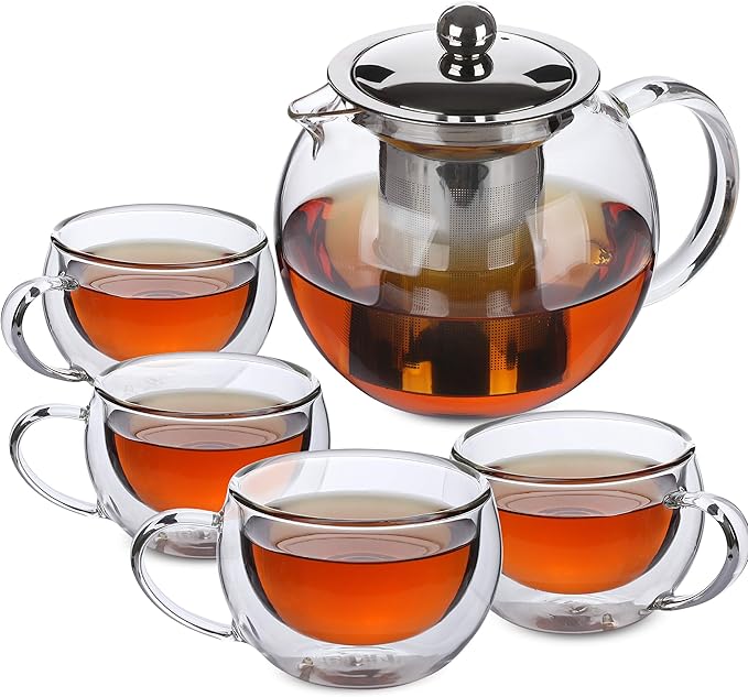 BTaT- Glass Tea Pot Set Set of 4 Double Wall Glass Tea Cup and Kettle with Infuser