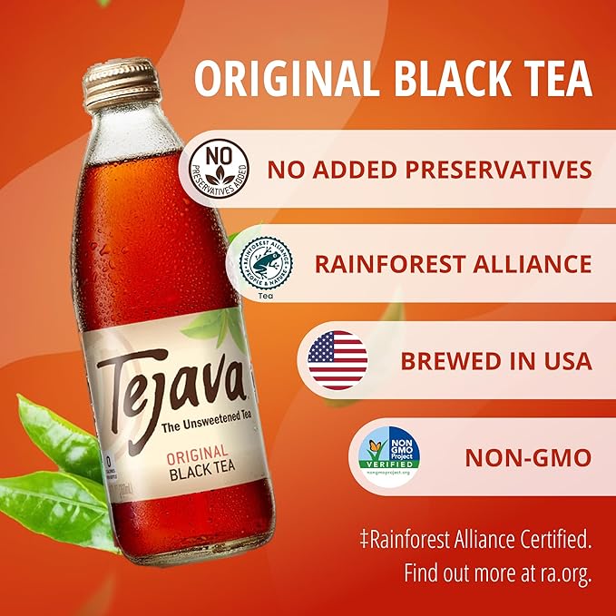Tejava Original Black Iced Tea 12 Pack 12oz Glass Bottles Unsweetened Non-GMO Kosher No Sugar or Sweeteners No calories No Preservatives Brewed in Small Batches