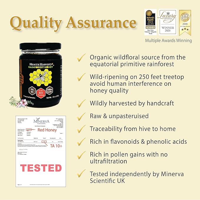 Tualang Red Honey 10oz (TA 10+ Pollen Count 3.2M+ Pollen Variety 100+) Moderate Choice for Health Maintenance Wild-ripening on 250ft Treetop Raw Unpasteurised Unfiltered