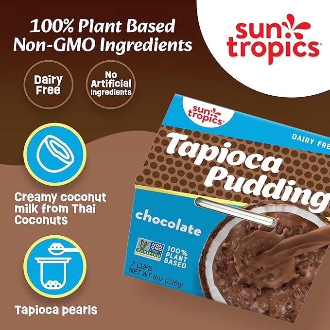 Sun Tropics Tapioca Pudding Chocolate | Vegan Puddings Dairy Free Puddings | Gluten Free Non-GMO | Ready-to-Eat Pudding Cups 4.0oz (Pack of 6)