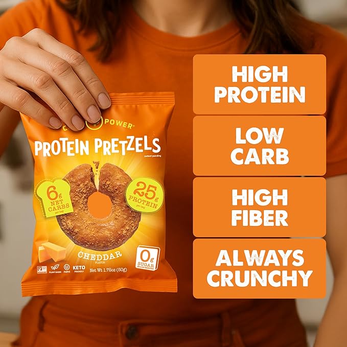 CRISP POWER Protein Pretzels NEW Cheddar 25G Protein High Protein Snack High Fiber Low Carb Crunchy Pretzel Snacks No Added Sugar 1.75 oz Bags 6 Pack Vegan Keto