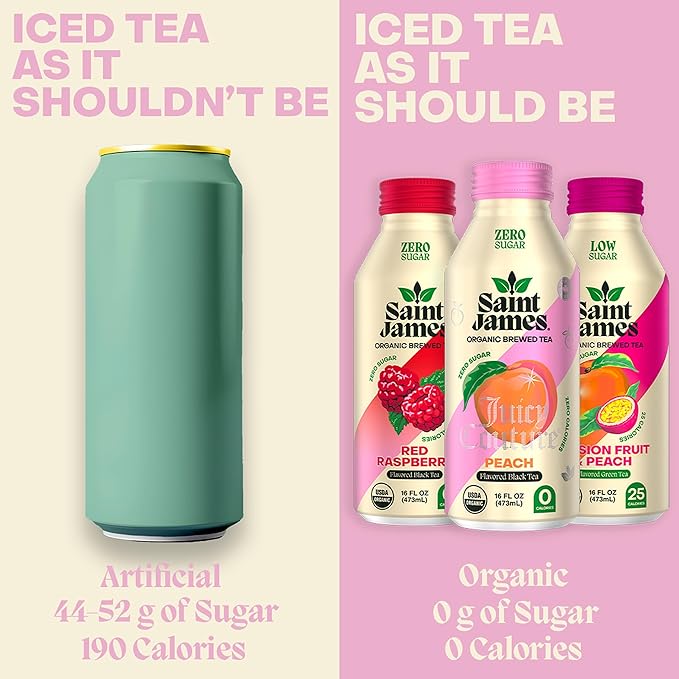 Saint James Iced Tea - Organic Black &amp Green Tea - Non GMO Gluten Free Low Calorie &amp Low Sugar - Party Variety Pack 12 Pack (16 fl oz each)