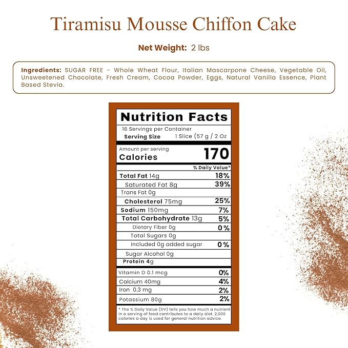 ANDY ANAND CHOCOLATIER Sugar Free Gourmet Tiramisu Mousse Chiffon Cake Decadent Delight! Velvety Baked Fresh Daily Fresh and Natural Ingredients No Preservatives Amazingly Delicious and Light (2.2