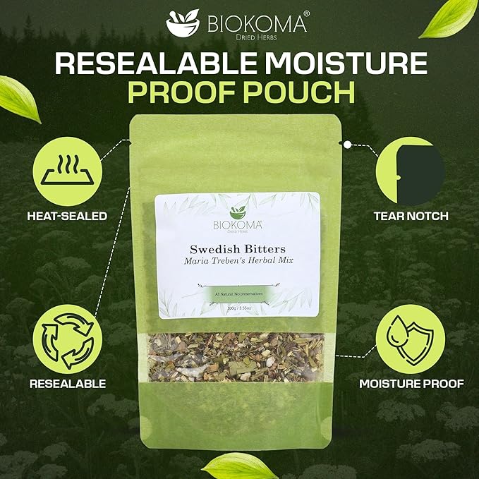Biokoma Swedish Bitters Maria Treben's Herbal Mix 100g (3.55oz) In Resealable Moisture Proof Pouch - Herbal Tea No Additives No Preservatives Kosher