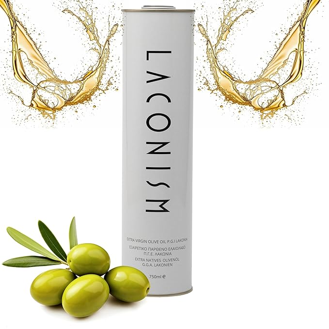 Extra Virgin Olive Oil Tin Great Taste Cold Pressed Intense Flavor Contains Polyphenols Rich Olive Oil from the Land of Laconia 750ml Tin