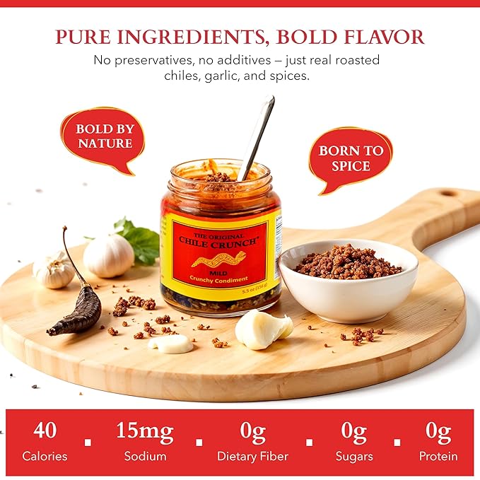 CHILE CRUNCH - Mild Spicy Crunchy Condiment - All Natural Roasted Chili Peppers Garlic &amp Onion Crisp Sauce - Vegan Gluten-Free No Preservatives - Homemade Authentic Mexican Recipe 5.5oz (3 Pack