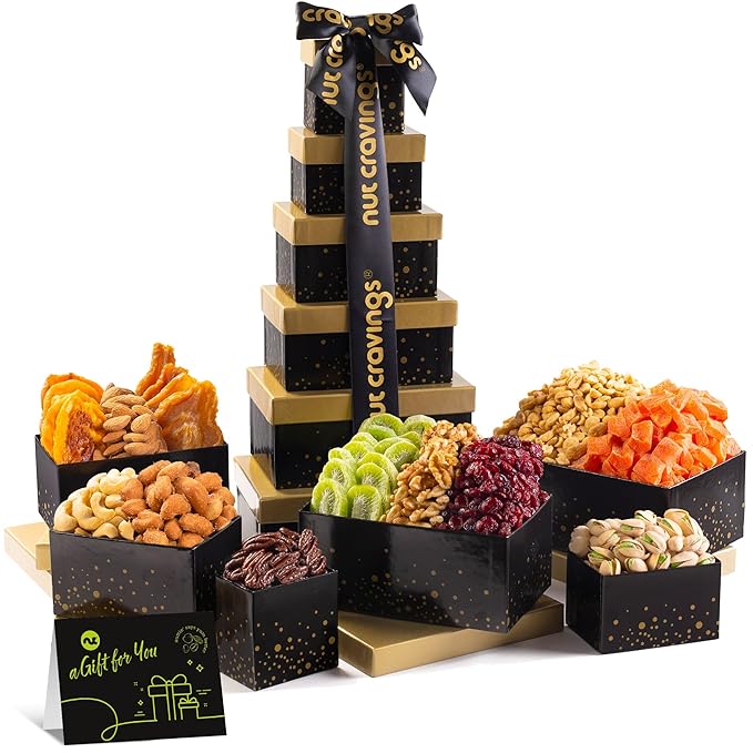 NUT CRAVINGS - Easter Dried Fruit &amp Mixed Nuts Gift Basket Black Tower + Ribbon (12 Assortments) Ramadan Gifts Food Arrangement Healthy Snack Care Package Kosher