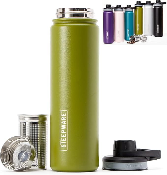 The Tea Spot Steepware Tea Tumbler and Thermos 22oz Tea Bottle with tea infuser for loose leaf tea or iced coffee Sleek Double Wall Tumbler &amp Insulated Travel Bottle - Olive