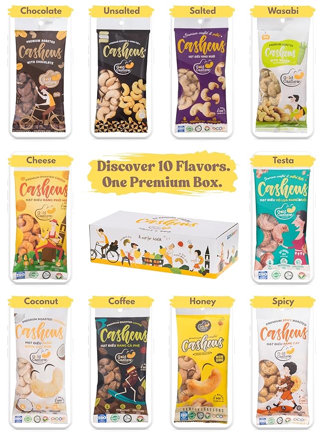 Gold Cashew Variety Pack – 10 Roasted Cashew Flavors (Coconut Wasabi Honey Spicy Salted Unsalted Coffee Cheese Chocolate Testa) – 10 x 50g Bags – Vietnamese Snack Gift Box for Family Non GMO