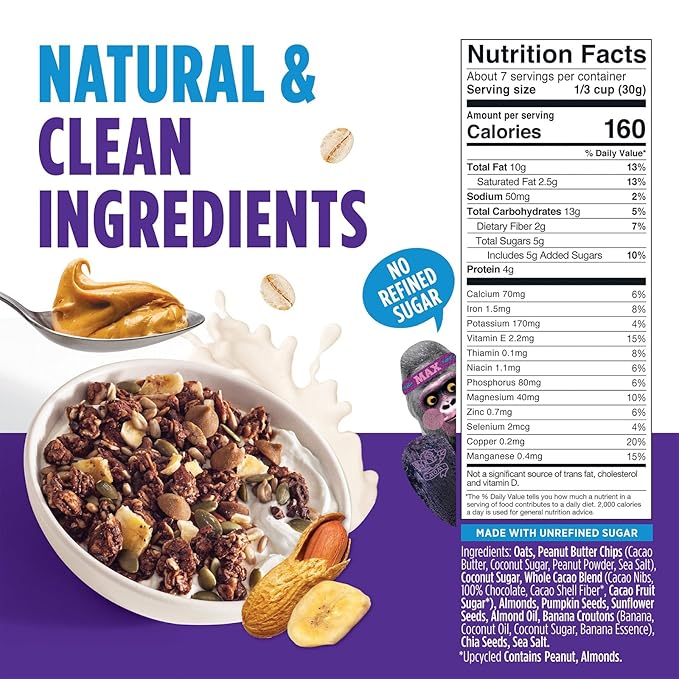 Blue Stripes Whole Cacao Granola - Gluten Free Dark Chocolate Granola for Cereal Oatmeal Yogurt 5g Protein Per Serving Source of Fiber Vegan Low Sugar - Peanut Butter Banana 7 oz (3 Pack)
