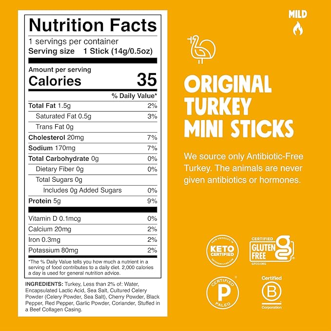 Chomps Snack Size Original Turkey Jerky Meat Sticks ABF Turkey Keto Paleo Whole30 Approved Low Carb High Protein Gluten Free Sugar Free 35 Calories 0.5 Oz (Pack of 24)