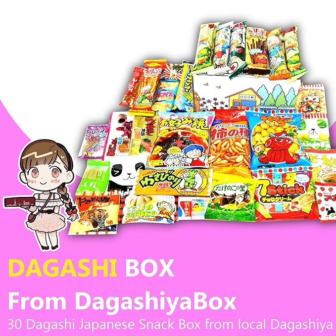 Dagashi Box from DagashiyaBox Pack 30 Count Japanese Snacks Individual Wrapped Gift Package Treats Mini Bar Assortments Authentic Japanes Party supplies food