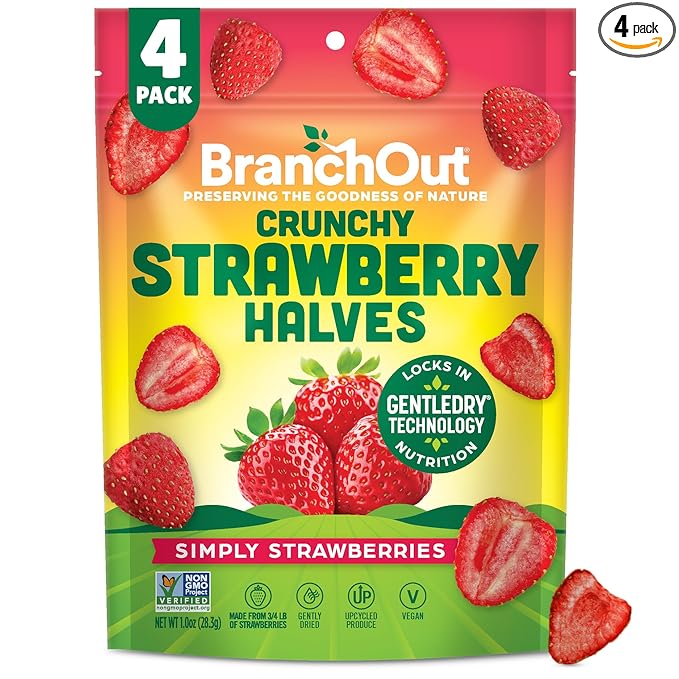 BranchOut Crunchy Strawberry Halves Real Dried Strawberries No Sugar Added GentleDry Better than Freeze Dried Strawberries Healthy Vegan Snacks 2 oz Snack Size (Pack of 4)