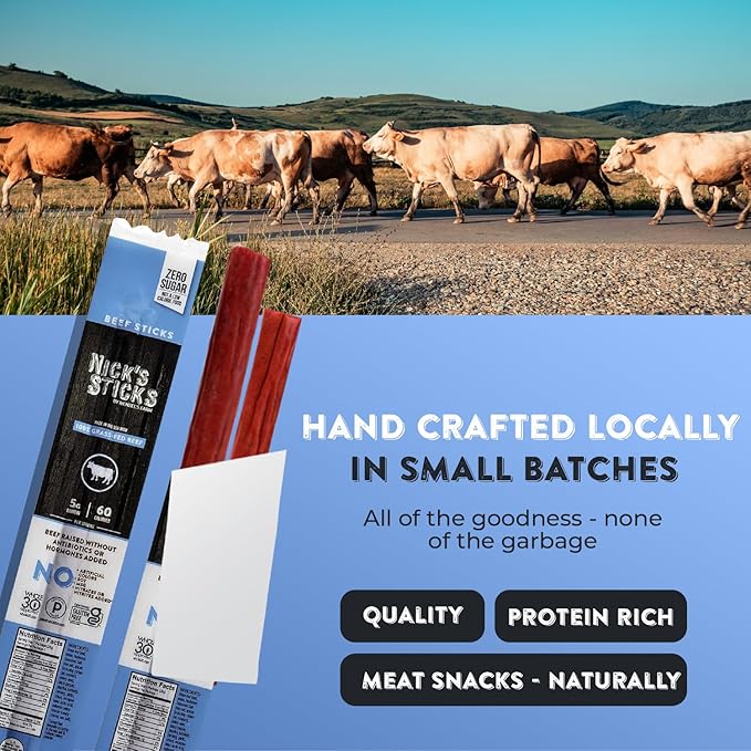 Nick's Sticks Clean &amp Balanced 100% Grass-Fed Beef Snack Sticks | Made in the USA | Gluten Free | Paleo Keto Whole30 Approved | No Soy Antibiotics or Hormones (12 – 1.7oz. Packages of 2 Sticks)